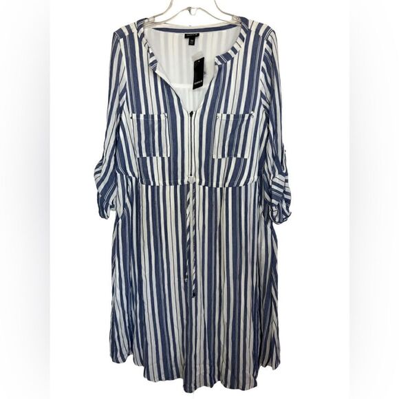 Torrid Blue/White Stripe Zip Front Preppy Drawstring Shirt Dress Size M/L - Picture 2 of 10